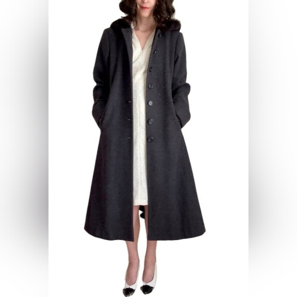Worthington Long Wool Womens Trench Coat 10 P Rabbit Fur Trim Hooded Gray Vtg - Picture 2 of 15